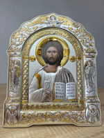 Спаситель, икона арочная с рамкой, белое дерево 266х335