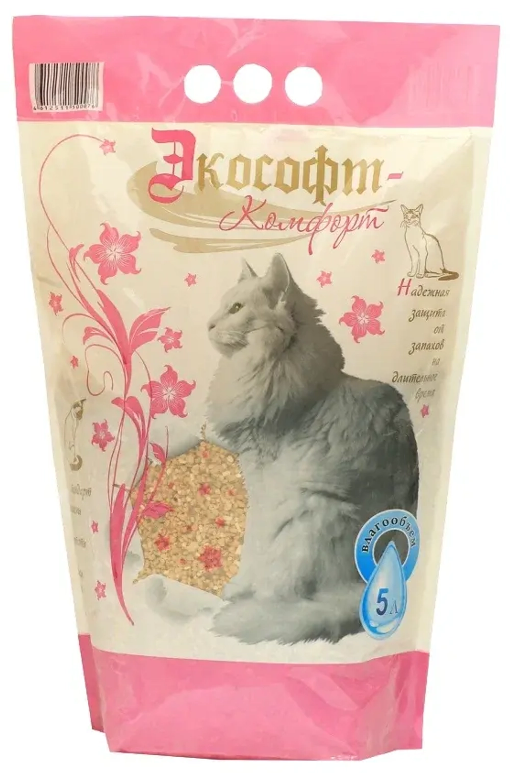 ЭКОСОФТ-КОМФОРТ Наполнитель впитывающий для кошек с добавлением силикагеля, 5 л (2,1 кг)