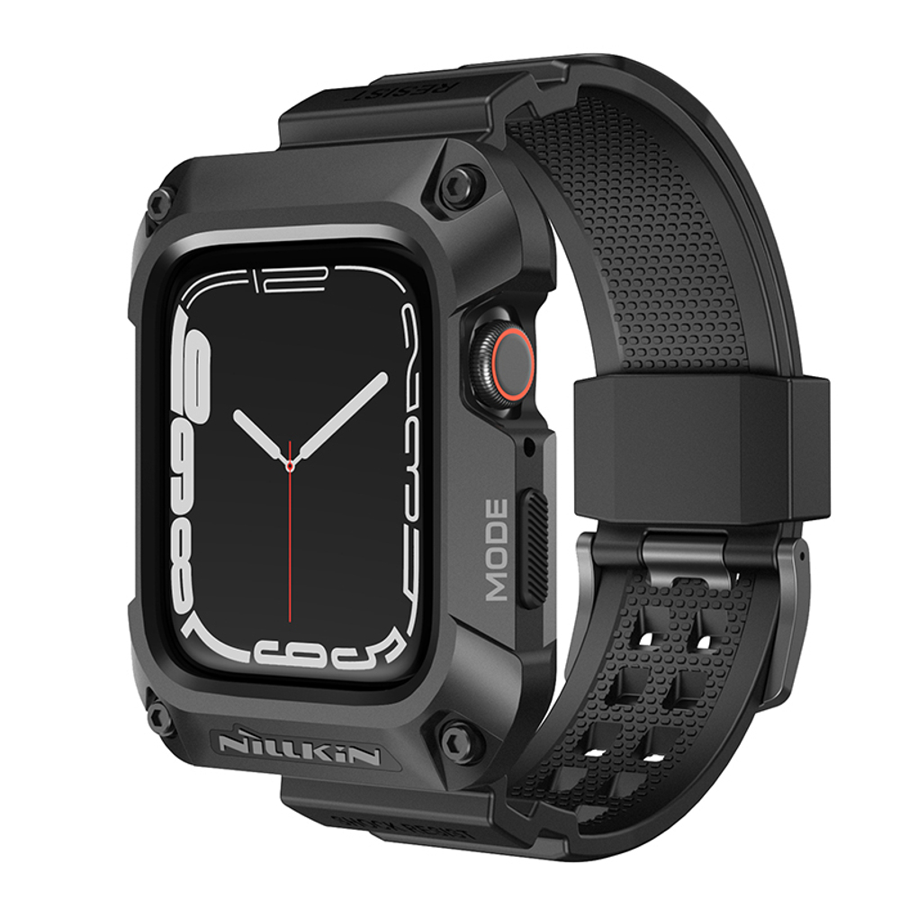 Черный металлический чехол-бампер от Nillkin DynaGuard Wristband Case для часов Apple Watch Series 4, 5 и 6 серии, размером 44мм, в комплекте с ремешком из ТПУ с двойным замком