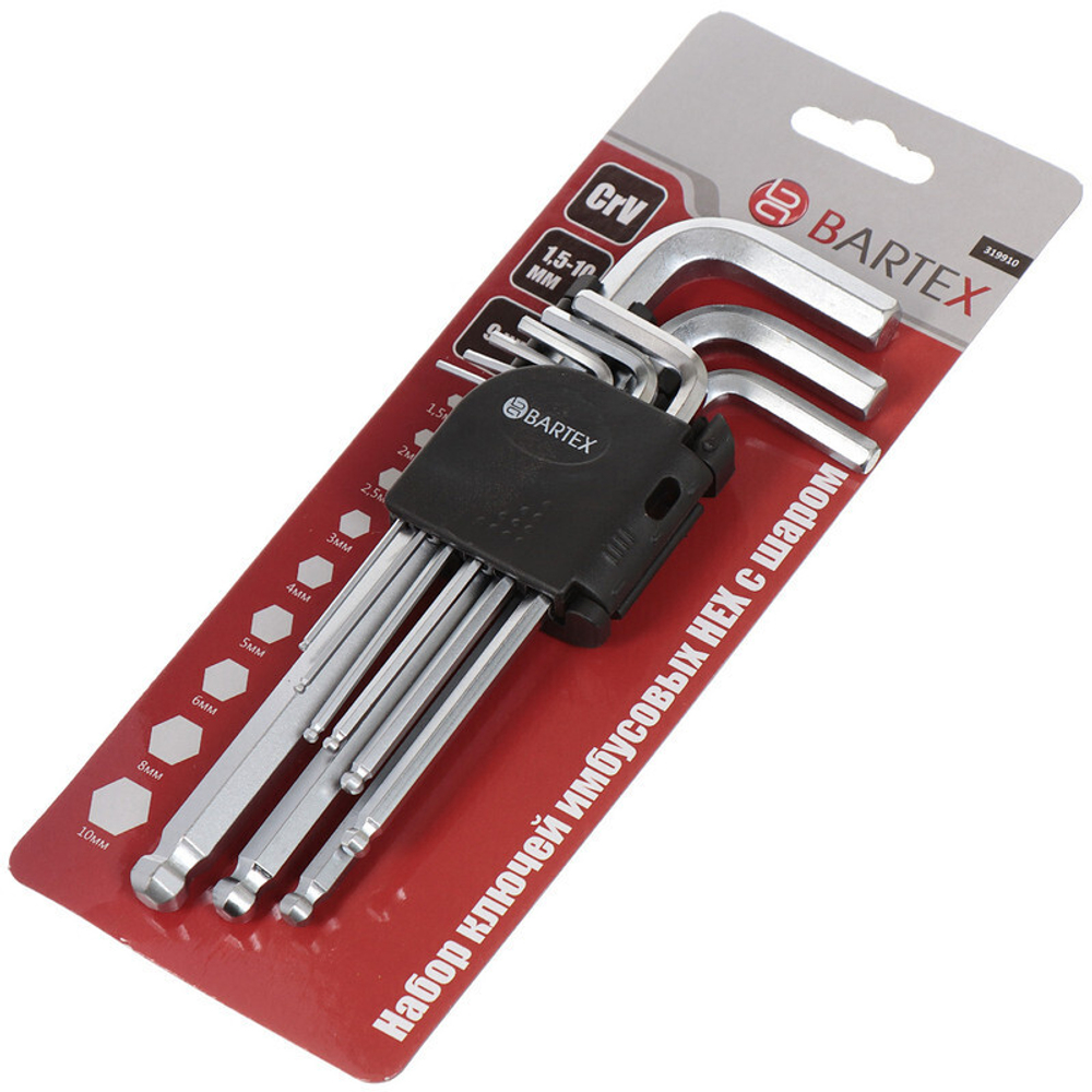 Набор ключей имбусов,шестигран, 9 пр, Bartex, 1.5-10 мм, удлиненные с HEX шаром, пластик держ, шт