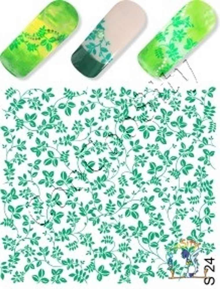 Слайдер-дизайн для ногтей Цветы S 24 зеленый