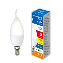 LED-CW37-6W-3000K-E14-FR-SLS Лампа светодиодная. Форма свеча на ветру. матовая. Теплый белый свет 3000K. ТМ Volpe