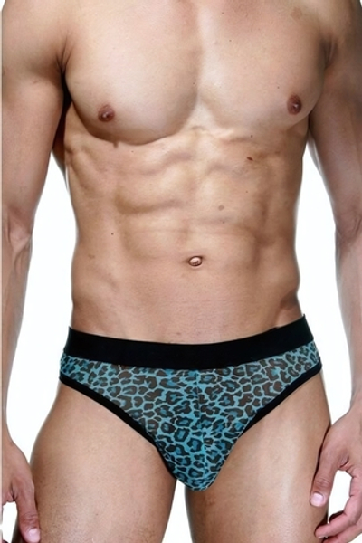 Черно-голубые трусы-тонги с леопардовым принтом (Размер: S-M) (Цвет: голубой леопард)