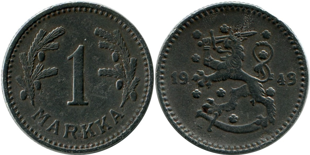 Финляндия 1 марка, 1943 - 1952 Лев VF