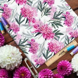 Ткань поплин пёстрые розовые георгины на бежевом фоне