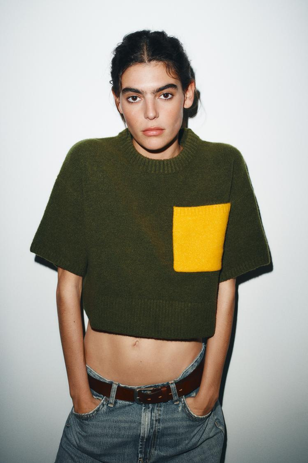 ZARA ТРИКОТАЖНЫЙ ДЖЕМПЕР С КОРОТКИМ РУКАВОМ, ЗЕЛЕНЫЙ