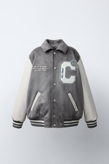 ZARA КОМБИНИРОВАННЫЙ БОМБЕР ИЗ ИСКУССТВЕННОЙ ЗАМШИ, СЕРЫЙ