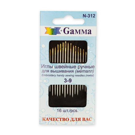 Иглы для шитья ручные  "Gamma"   N-312   для вышивания №3-9   16 шт.  в конверте с прозрачным диспле