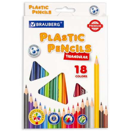 Карандаши цветные BRAUBERG PREMIUM, 18 цветов, пластиковые,трехгранные, грифель мягкий 3 мм,