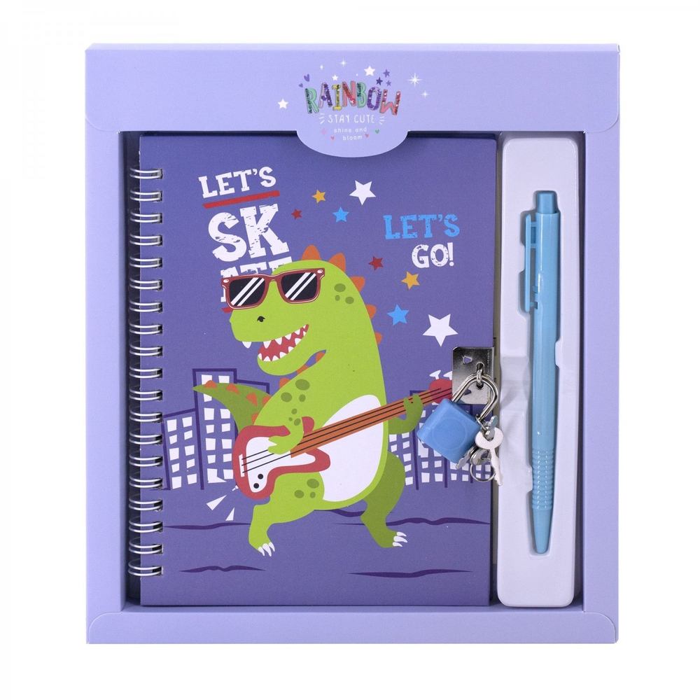 Блокнот в футляре 19,5 см * 23,0 см , гребень, Alingar, ламинация, замочек, ручка, 45 л., клетка, "Дино", сиреневый