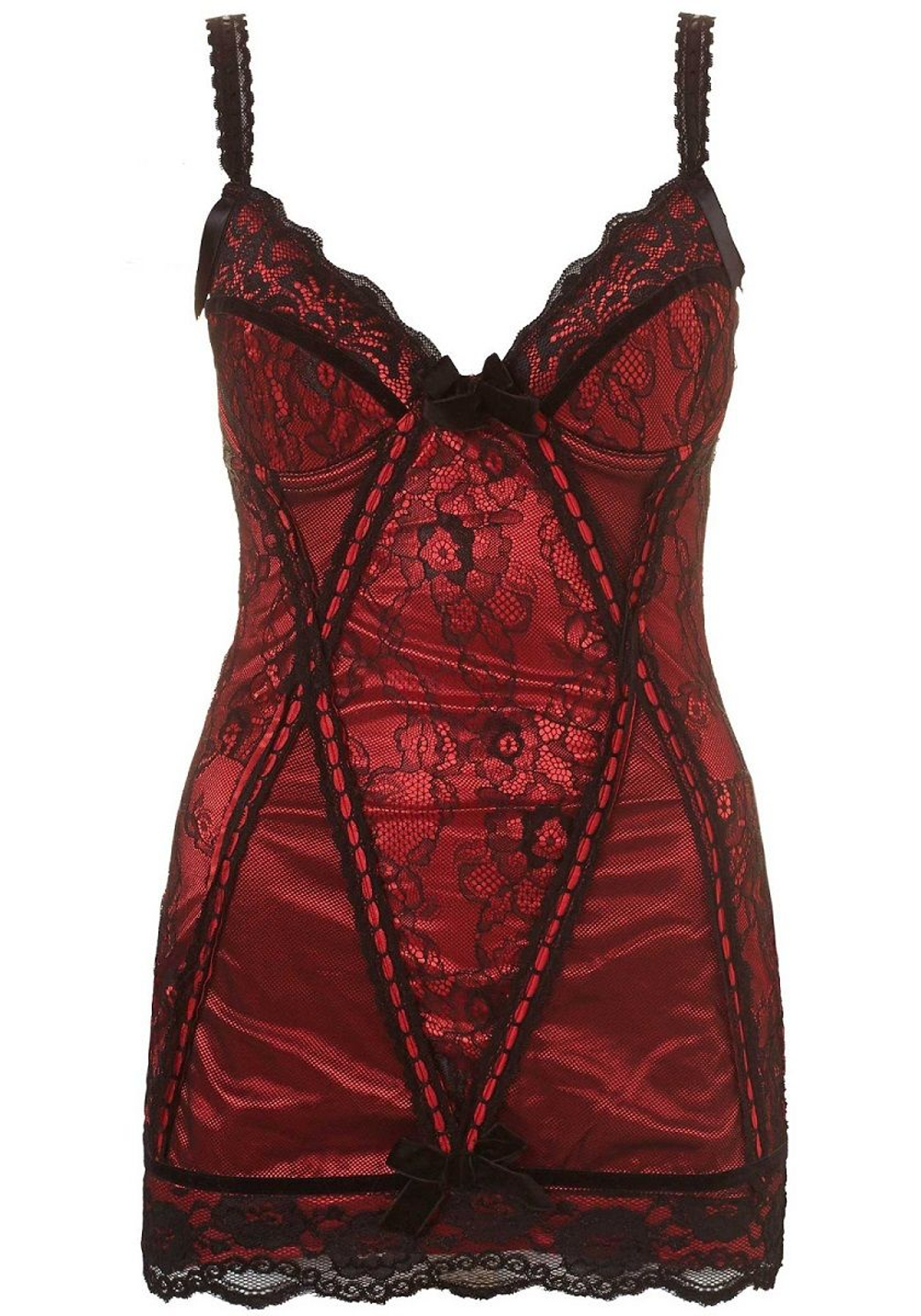 Шикарная сорочка с изысканной отделкой кружевами и лентами (Размер: M) (Цвет: красный с черным)