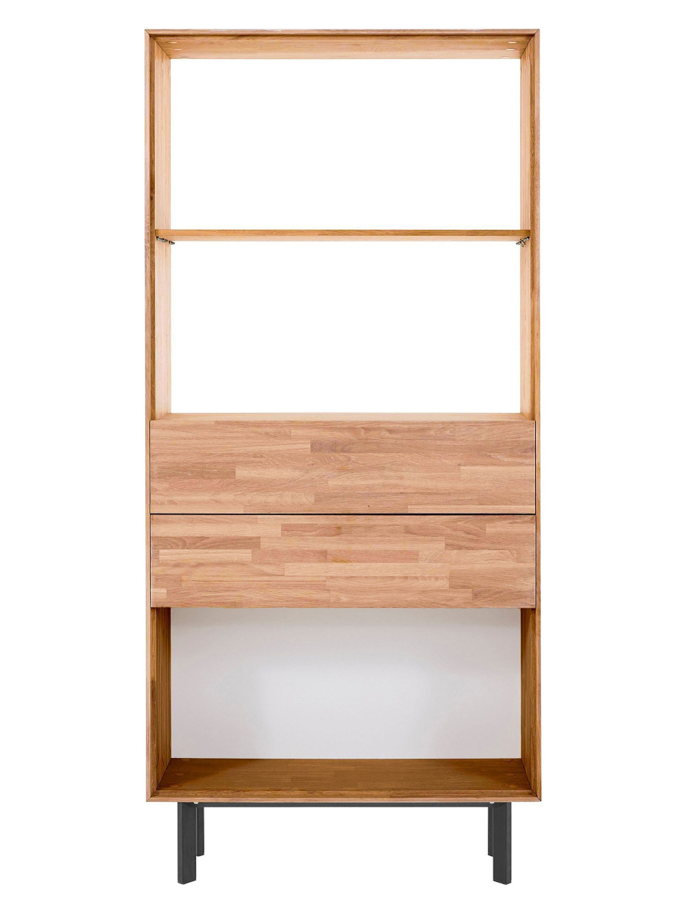 Дизайнерский книжный шкаф 2 ящика Виби 186х86х31 из дуба в стиле лофт, на металлических ножках