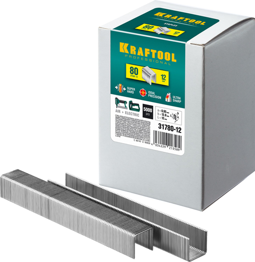 KRAFTOOL скобы тип 80 (BeA/Prebena A/Senco AT), 12 мм, калибр 21GA. 5000 шт (31780-12)