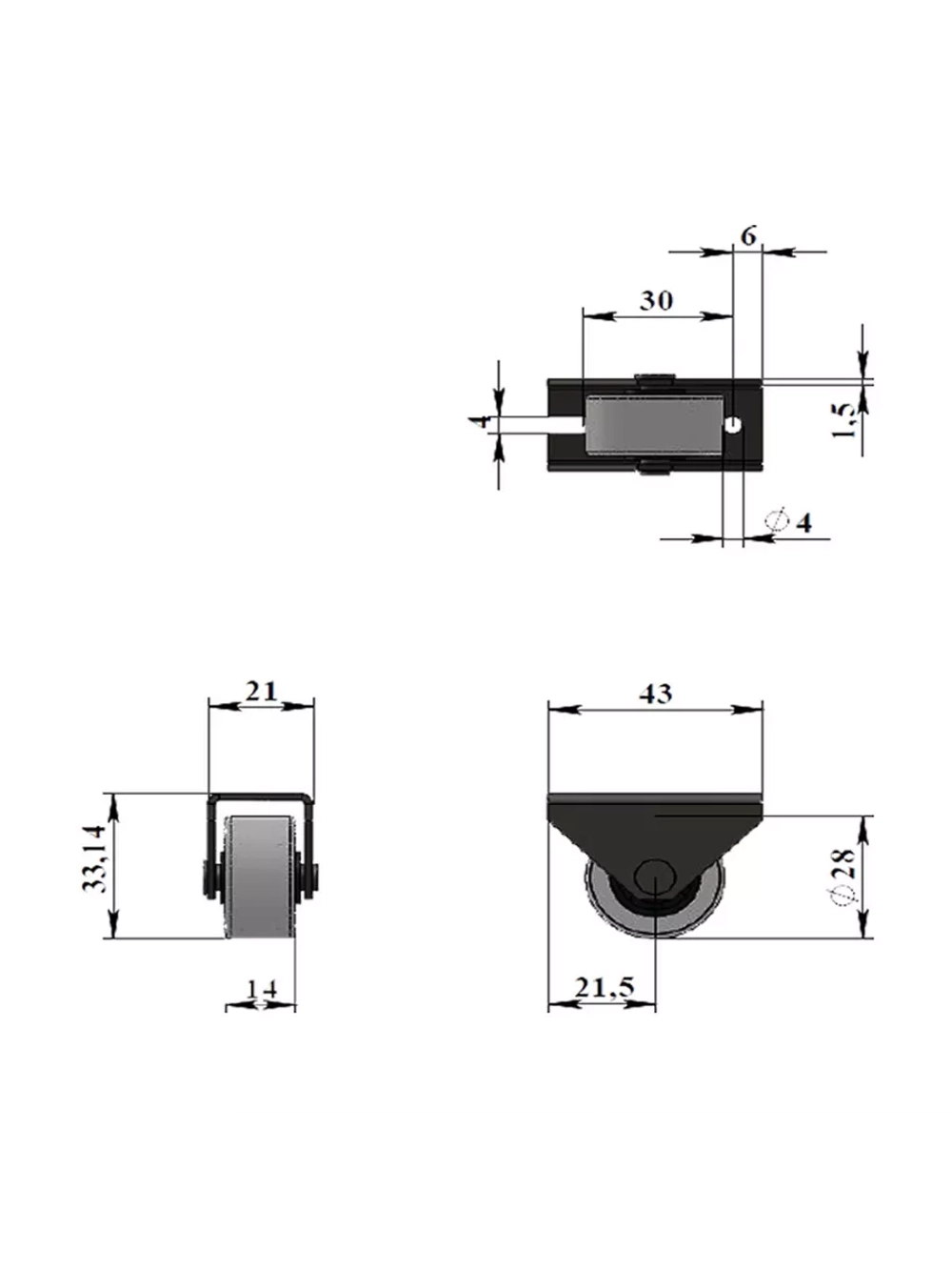 Опора роликовая 302 с резиновым колесом D28, 2 шт