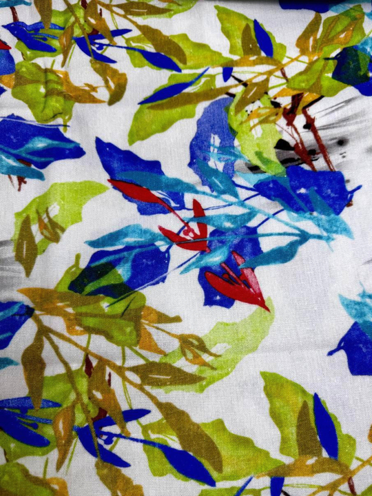 Плательная лен принт листья синий/салатовый на белом PHARMA RH#7