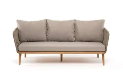 "Мальорка" диван 3-местный плетеный из роупа, основание дуб, роуп серо-коричневый 23мм, ткань бежевая 052