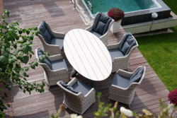 Комплекты садовой мебели из искусственного ротанга : обеденный стол ЛУГАНО ( 2.2Х 1.14 м) + 6 кресел БЕРГАМО(цвет серый)