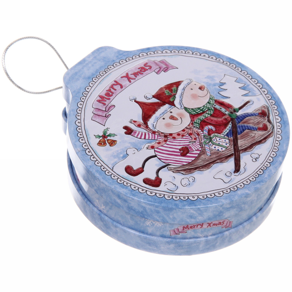 Банка жестяная 200мл 11,2*12,2*4см «Снеговики на санках» двухсторонняя