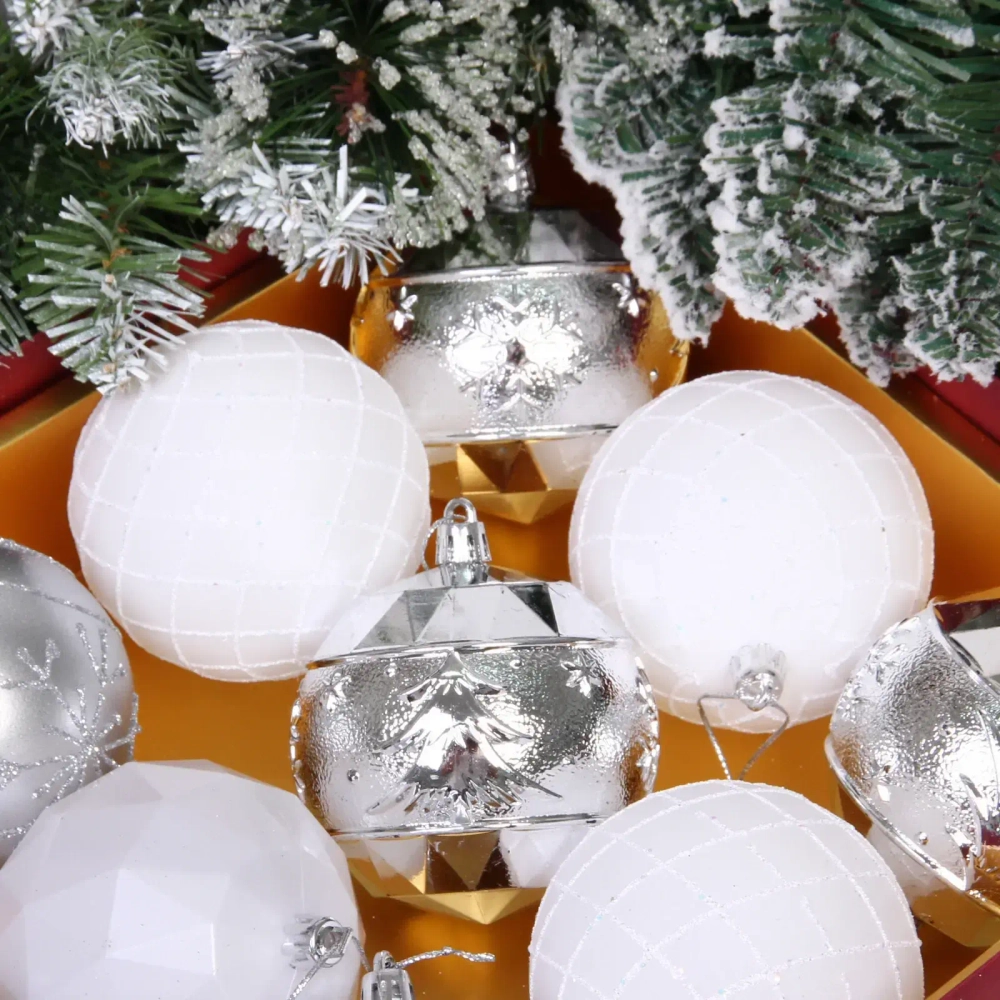 Новогодние шары «Волшебный вальс» 8 см (набор 12 шт), Серебро/Белый