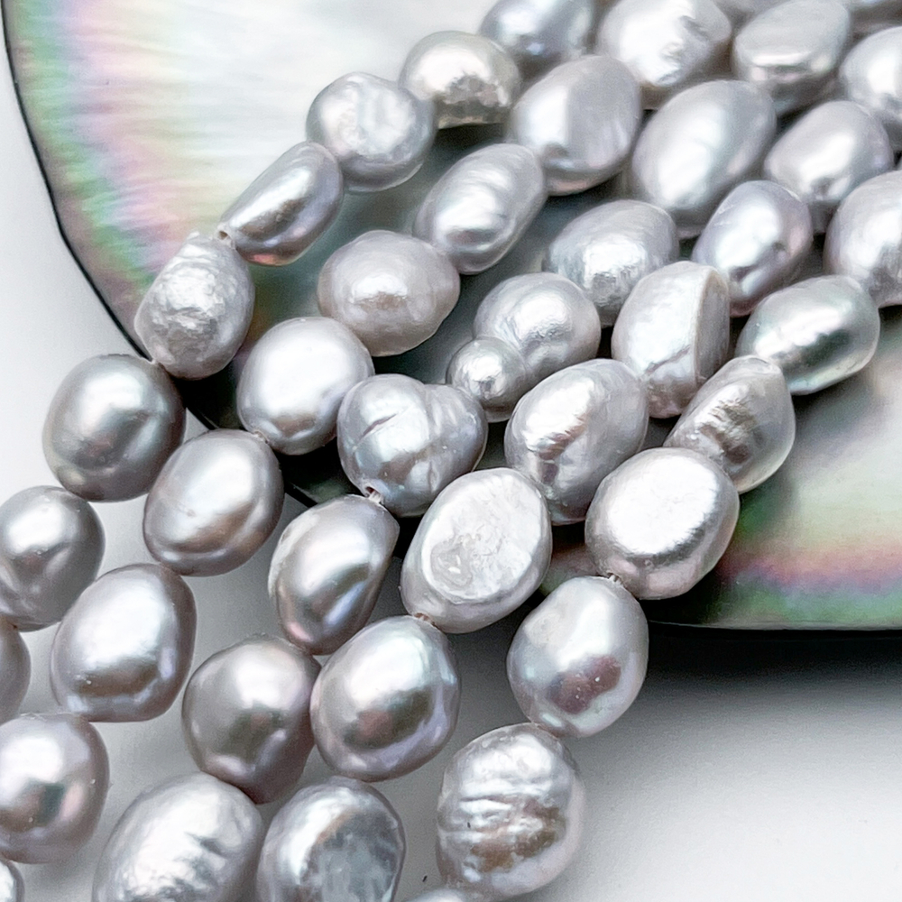 Жемчуг бусины, цвет серый, размер около 7,8-8,8*6,8-7,2 мм, цена за отрезок 17 см (1/2 нити)