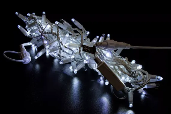 Светодиодная нить 100 холодных белых LED ламп, 10 м., 24В, мерцание, белый резиновый провод 2,3 мм., Teamprof (TPF-S10CF-24V-SRW/W)