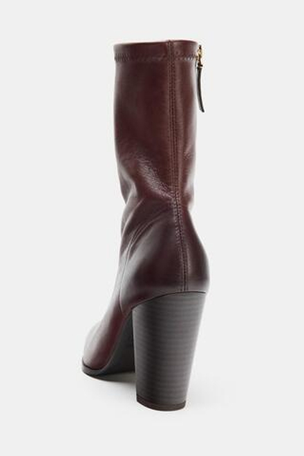 ZARA КОЖАНЫЕ БОТИЛЬОНЫ НА ВЫСОКОМ КАБЛУКЕ В КОВБОЙСКОМ СТИЛЕ, БОРДОВО-КРАСНЫЙ