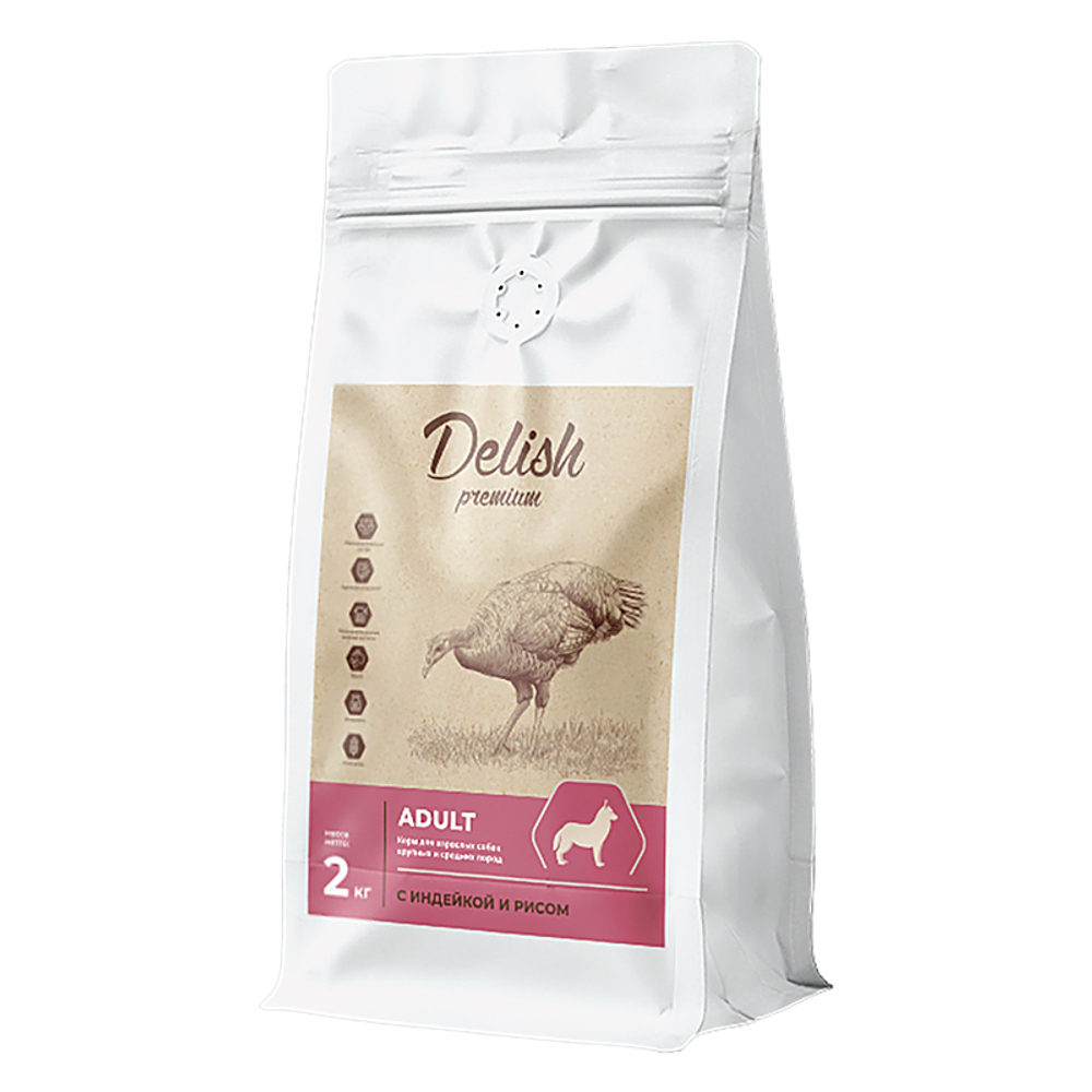 Сухой корм DELISH premium для взрослых собак средних и крупных пород с индейкой и рисом - 2 кг