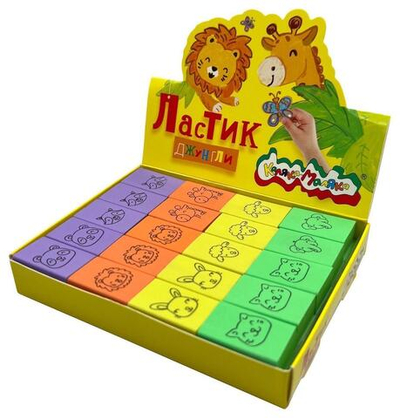 Ластик 28х18х9мм. прямоуг. "Джунгли" термопласт. резина ассорти мягкий (Каляка-Маляка)