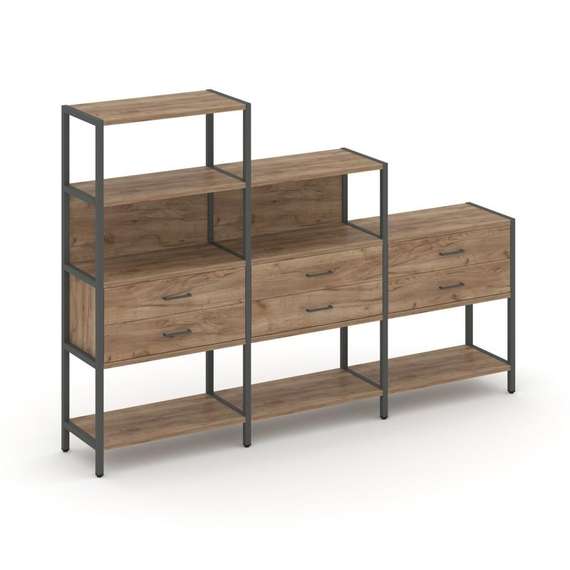 Shelf System Трехсекционный стеллаж четырех/трех/двухярусный с ящиками SN.STM-431 Дуб Табак/Металл А