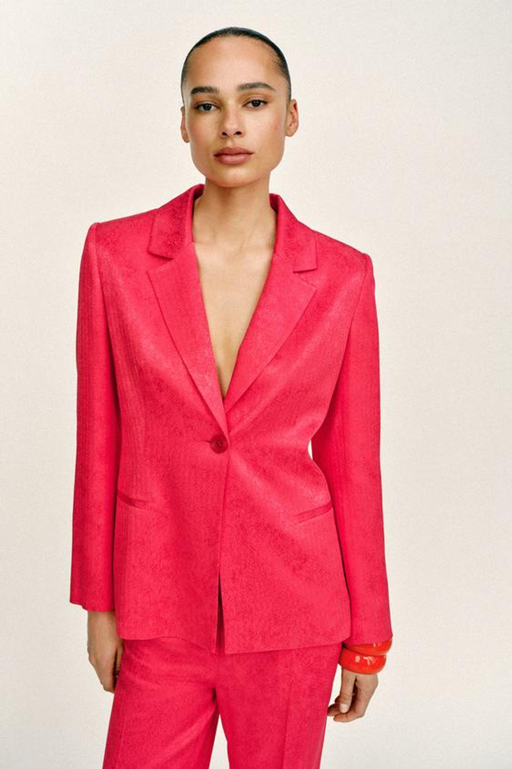 ZARA БРЮКИ ПРЯМОГО КРОЯ ЖАККАРД, МАЛИНОВЫЙ