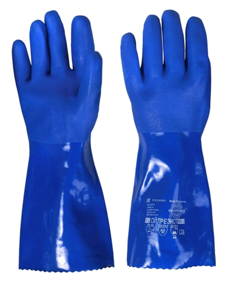 Перчатки "ОЙЛРЕЗИСТ" (ПВХ покр., интерлок, песч.покр.кисти и пальцев, дл.35см),р.M,L,XL, уп.72п