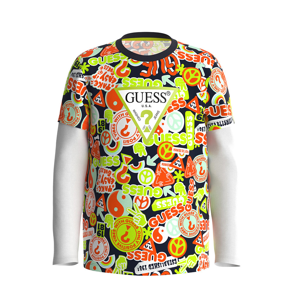 Футболка с длинным рукавом GUESS Черный/Принт: оранжево-зелено-серый/Белые рукава (Мальчик)