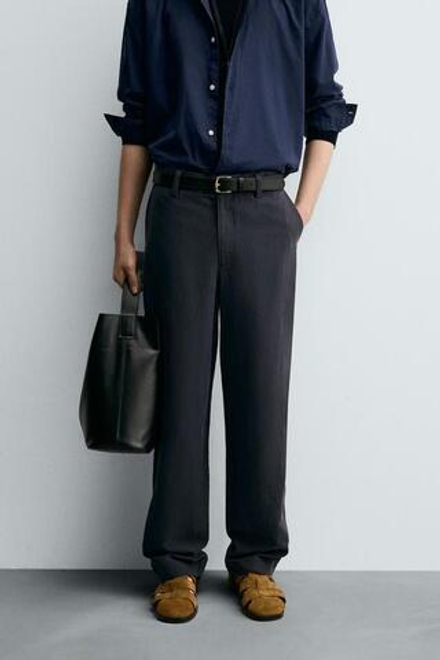 ZARA СТРУЯЩИЕСЯ БРЮКИ STRAIGHT FIT, ТЕМНО-СИНИЙ