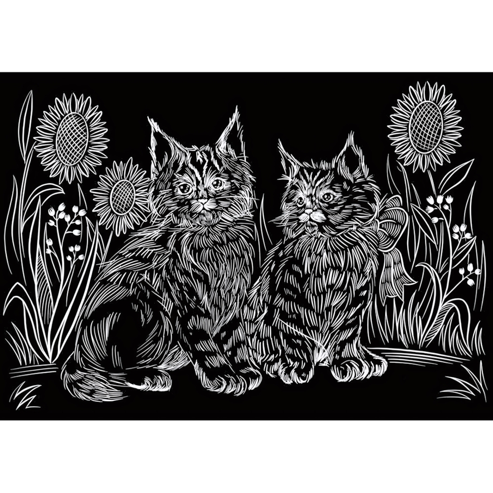 Гравюра А4 серебро, с ручкой "Котята в подсолнухах" в пакет (Арт. Г-5898)