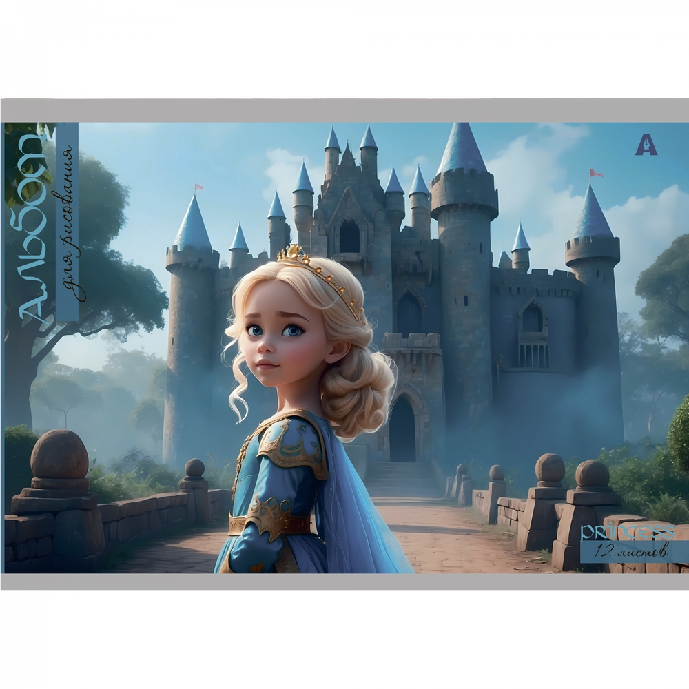 Альбом для рисования 28,5 *19,0 см., 12л., Alingar, на скрепке, мелованный картон (стандарт), 100 г/м2, "Принцессы", 4 дизайна в пленке т/у