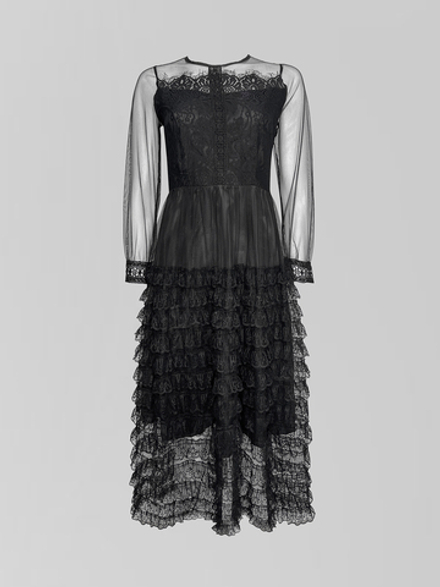 Платье длинное с отделкой кружевом и прозрачными рукавами на молнии сзади