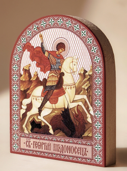 Икона аркой Георгий Победоносец (на коне), вмч. на дереве: 95 х 120 (Синопсисъ)