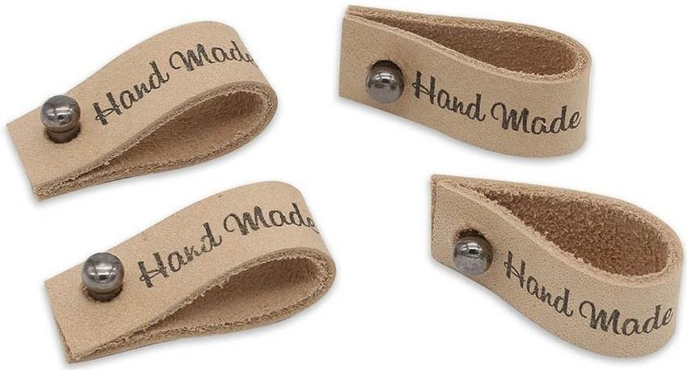 Кожаная бирка с кнопкой Hand Made 1,3*7см, цв. бежевый