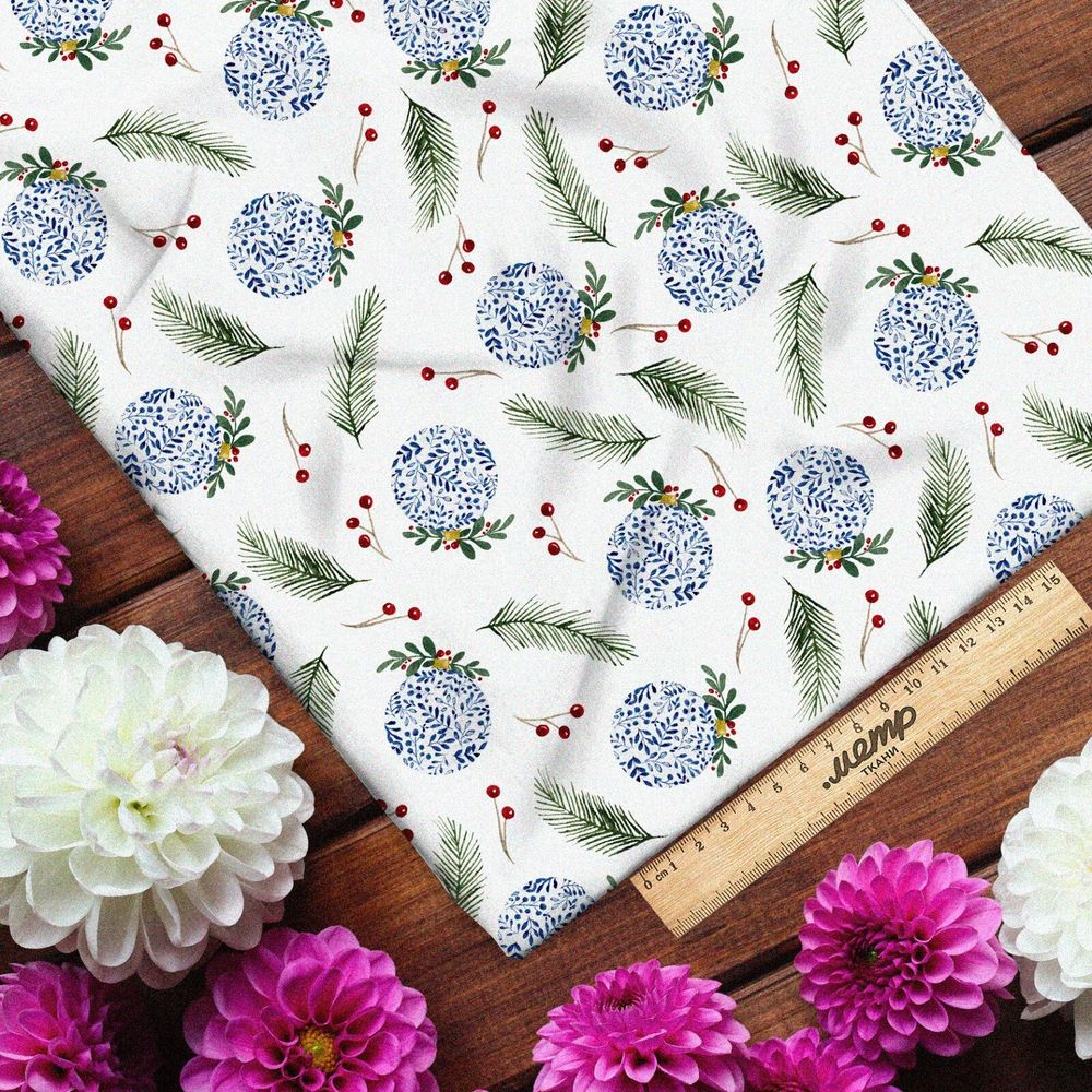 Ткань блэкаут снежные шары с еловыми ветками