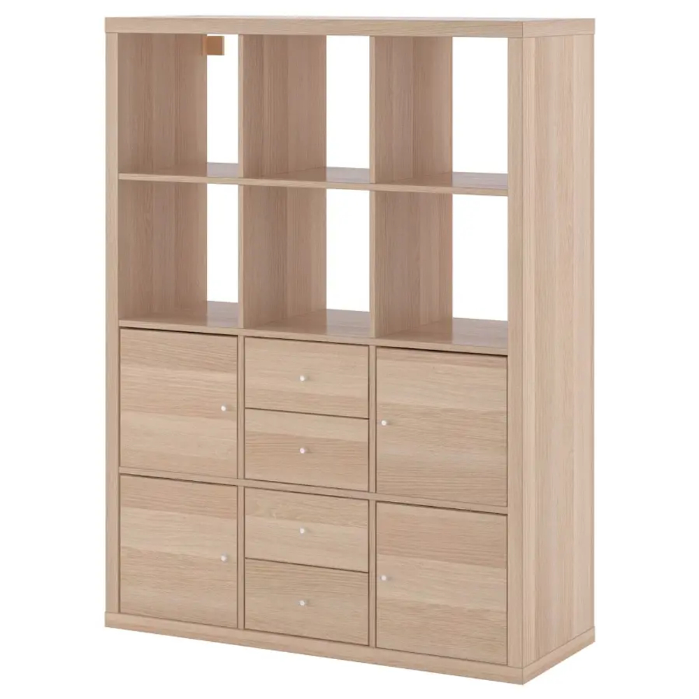 Стеллаж 12 ячеек с ящиками и дверцами - IKEA KALLAX, 112х147 см, под беленый дуб, КАЛЛАКС ИКЕА
