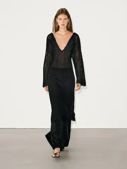 Massimo Dutti Платье миди из полупрозрачного трикотажа в рубчик, черный