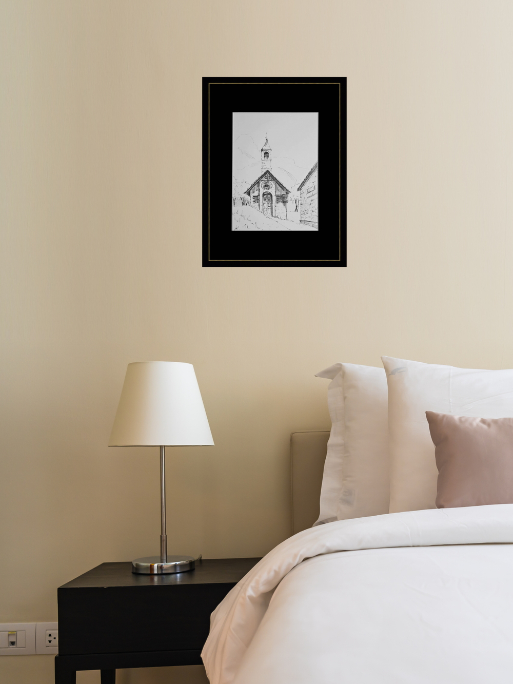 Картина, графика в паспарту 21х30 см на стену для интерьера "Часовня Сен-Жан-Батист-де-ла-Бомет-де-Пеон"