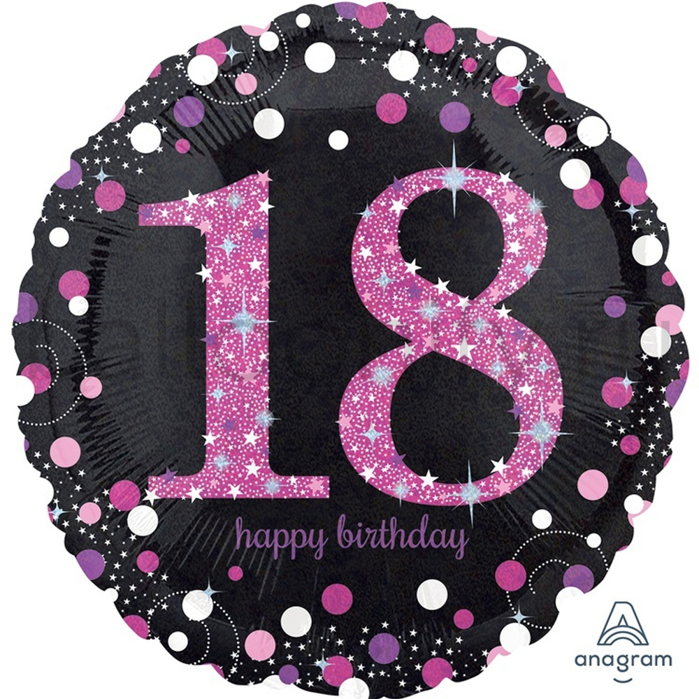 Фольгированная фигура, круг, HB Sparkling Birthday 18 pink S55,18"/46СМ