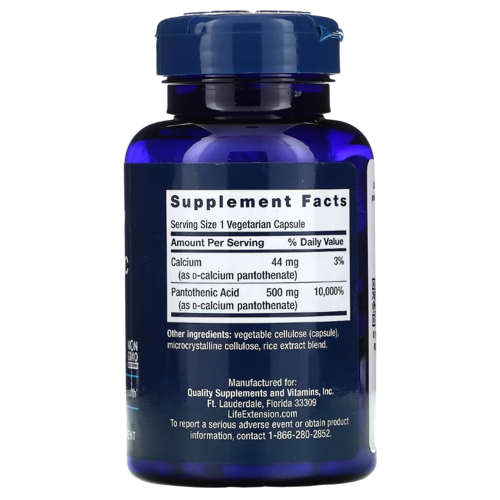 Life Extension Pantothenic Acid 500 mg 100 veg capsules, Витамин B5 (Пантотеновая кислота)