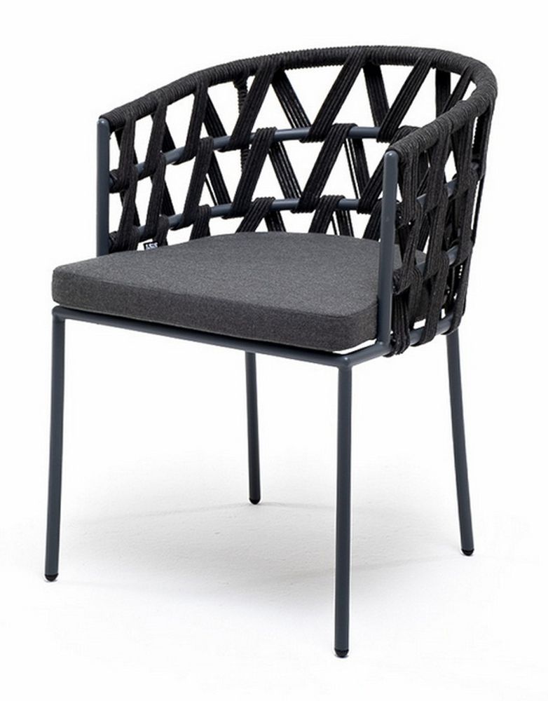 "Диего" стул плетеный из роупа, каркас из стали серый (RAL7022) муар, роуп серый круглый, ткань темно-серая 027