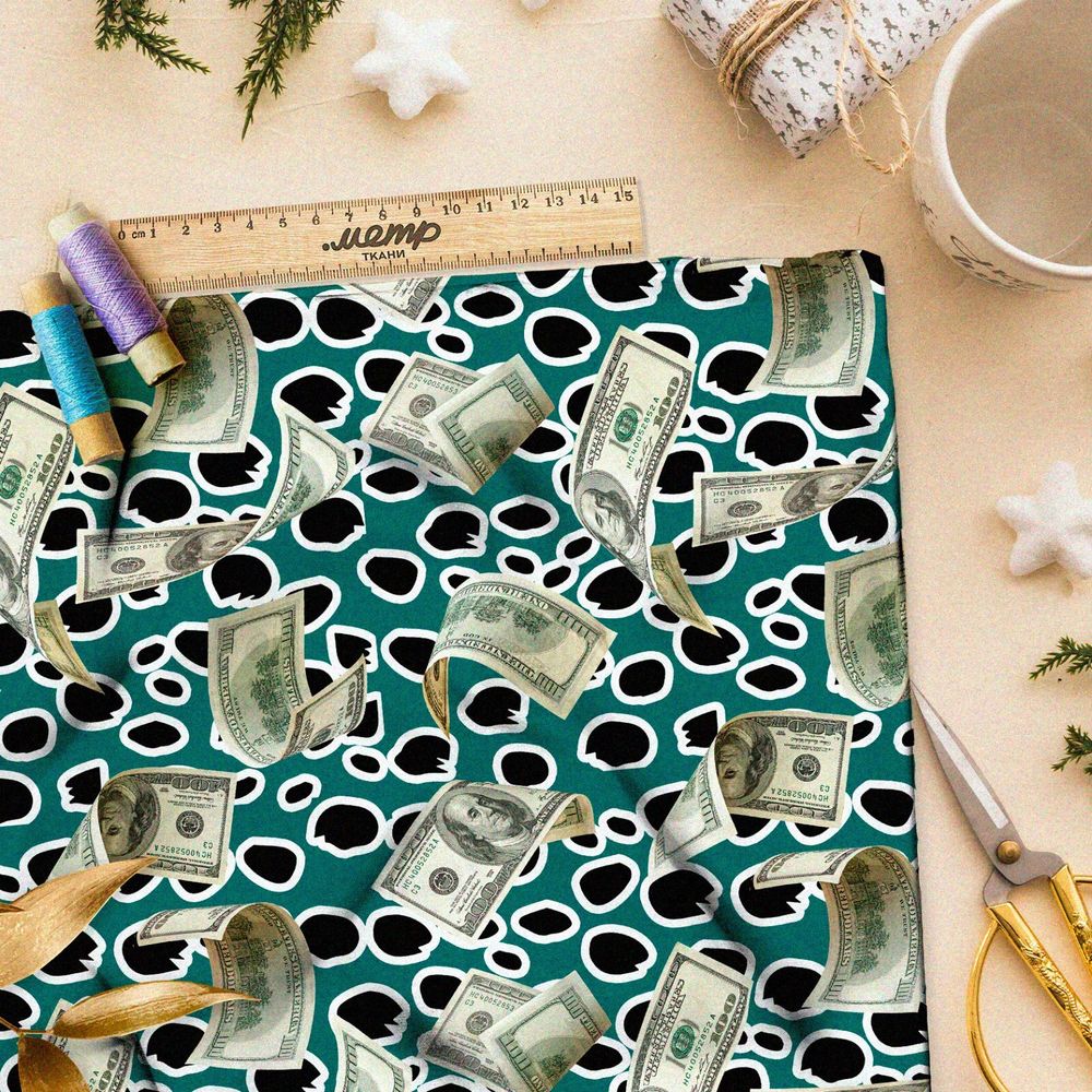 Ткань шелк Армани реалистичные доллары на зелёном фоне в горошек