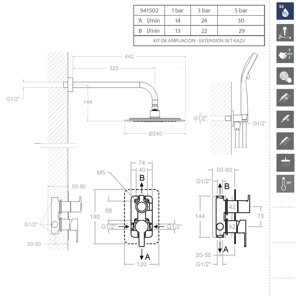 Встраиваемый смеситель для душа с тропическим и ручным душем BLAUTHERM 941502RM250