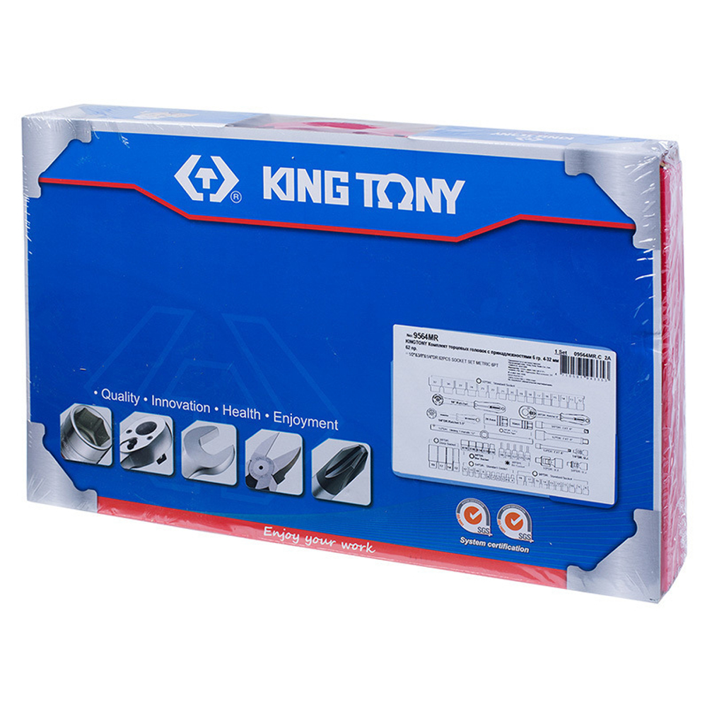 KING TONY (9564MR) Набор торцевых головок с принадлежностями 1/4"+3/8"+1/2", 6-гранные, 4-32 мм и E10-E18, 62 предмета