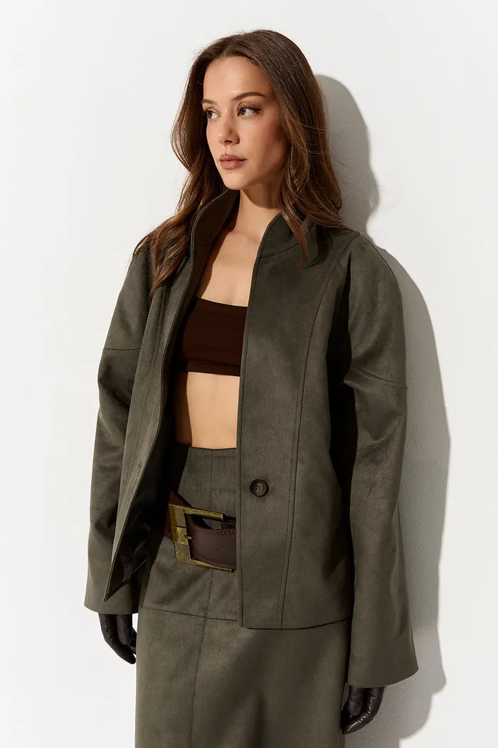 Куртка из экозамши с воротником стойкой цвета хаки