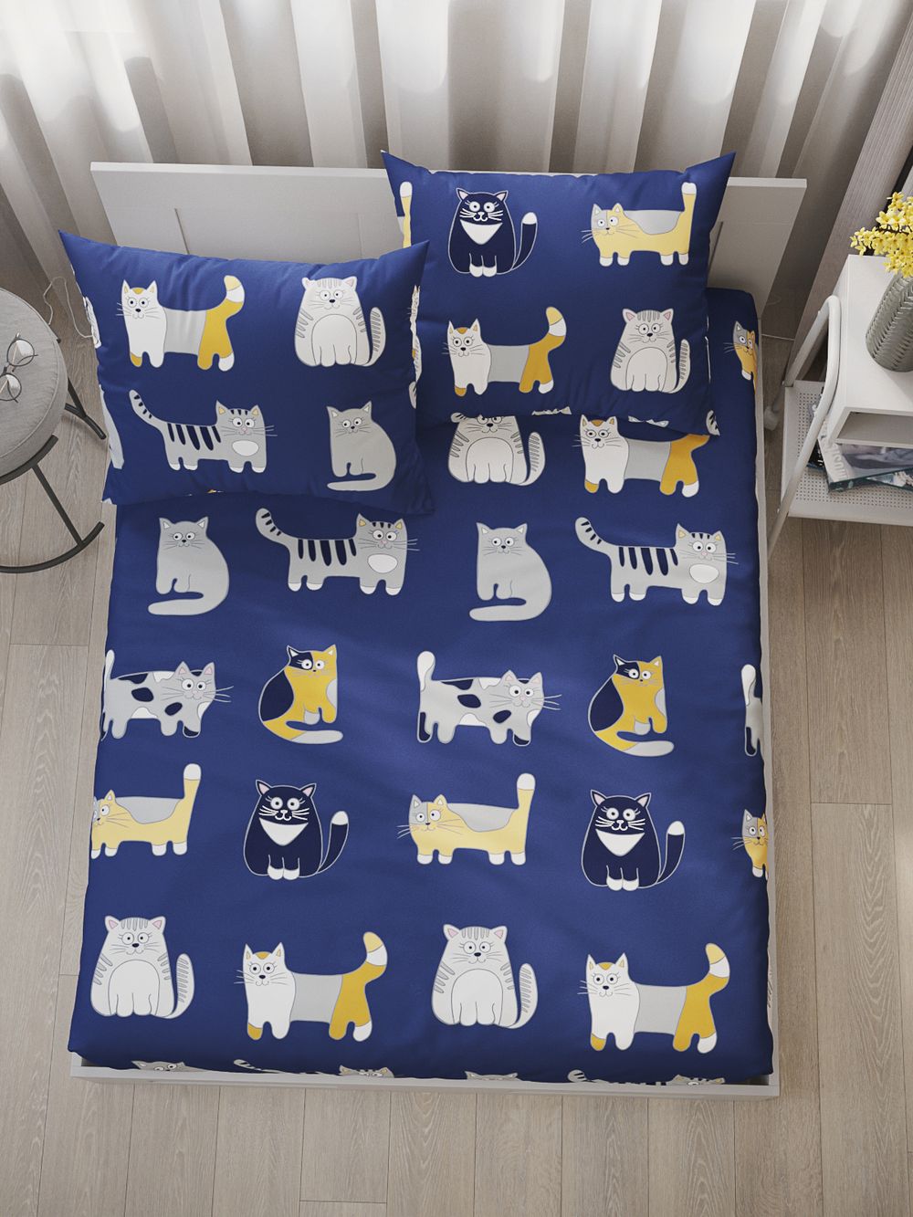 Постельное белье перкаль Сказка "Котятки" 1,5-сп Наволочка 50х70 см 1 шт Простынь на резинке 90x200 см Пододеяльник 145x215 см